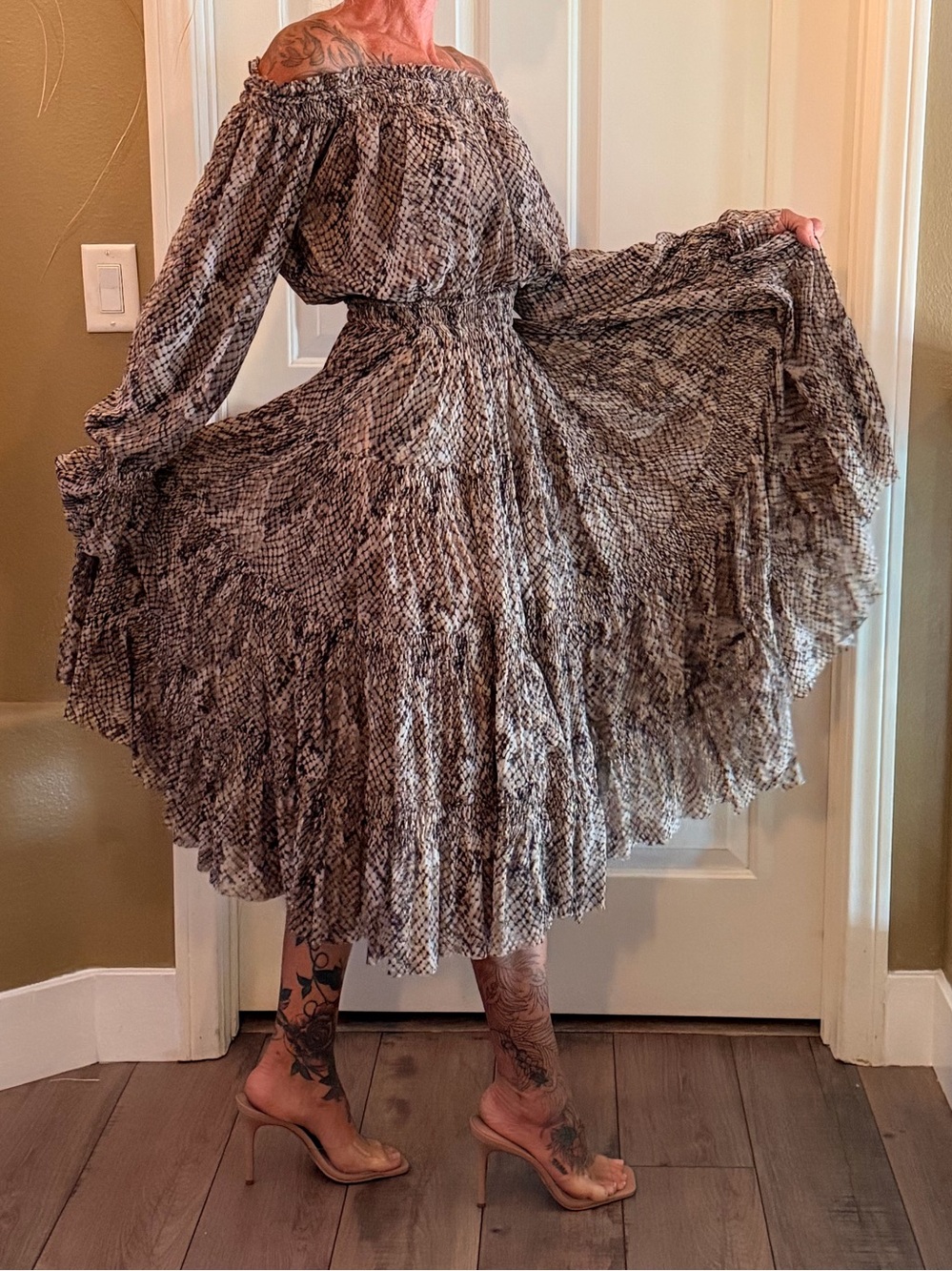 Norma Kamali Boho Off-Shoulder Tiered Midi Dress in Neutral Snake Print